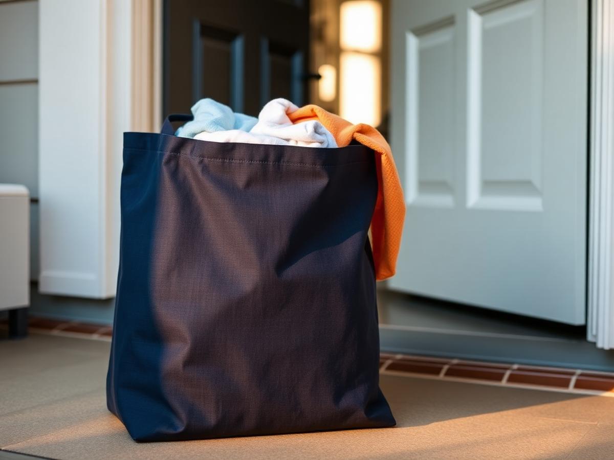 A navy laundry bag waiting at the door for pickup